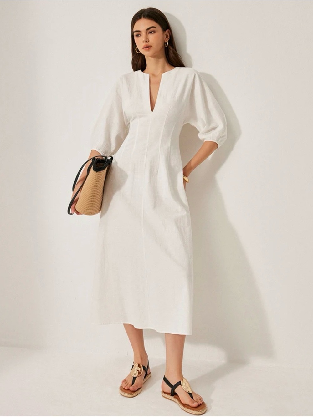 Commense cotton and linen puff sleeves dress without belt